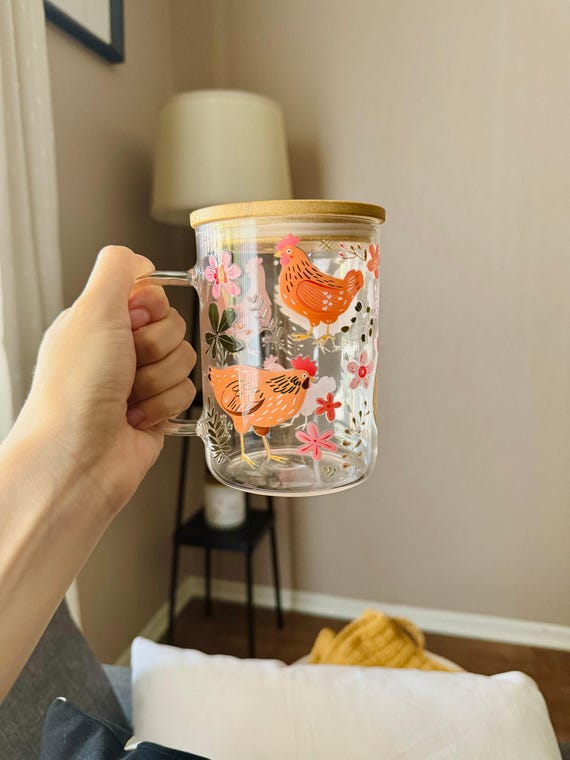 Chicken Glass Cup with Straw Lid Tumbler Farmhouse Kitchen Drinkware Gift Garden Lover Boho Fall Flower Cottagecore Mug Hen Design Farm