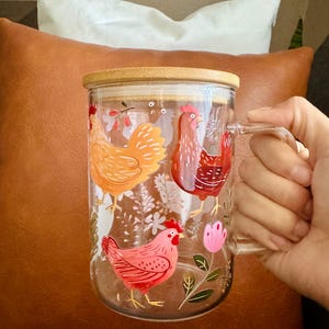 Glass Tumbler With Bamboo Lid Chicken Floral Design Boho Cottagecore Drinkware Farmhouse Kitchen Gift Hen Lover Coffee Cup 17 Ounce Capacity Reusable Straw Included Farm Themed Beverage Container Cold Drink Essential Garden Lover Present