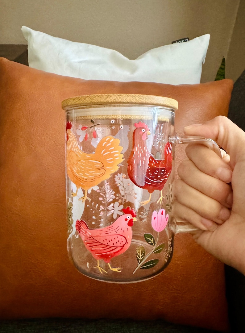 Glass Tumbler With Bamboo Lid Chicken Floral Design Boho Cottagecore Drinkware Farmhouse Kitchen Gift Hen Lover Coffee Cup 17 Ounce Capacity Reusable Straw Included Farm Themed Beverage Container Cold Drink Essential Garden Lover Present