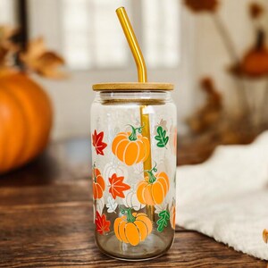 Seasonal Aesthetic Gift Autumn Style Drinkware Collection Glass Tumbler Bamboo Lid Straw Included Clear Beer Can Shape Cup Fall Design Pattern Perfect Friend Gift Coffee Cup Daily Use Boho Halloween Theme Home Decor Present Cozy Season