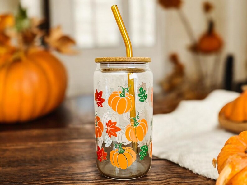 Seasonal Aesthetic Gift Autumn Style Drinkware Collection Glass Tumbler Bamboo Lid Straw Included Clear Beer Can Shape Cup Fall Design Pattern Perfect Friend Gift Coffee Cup Daily Use Boho Halloween Theme Home Decor Present Cozy Season