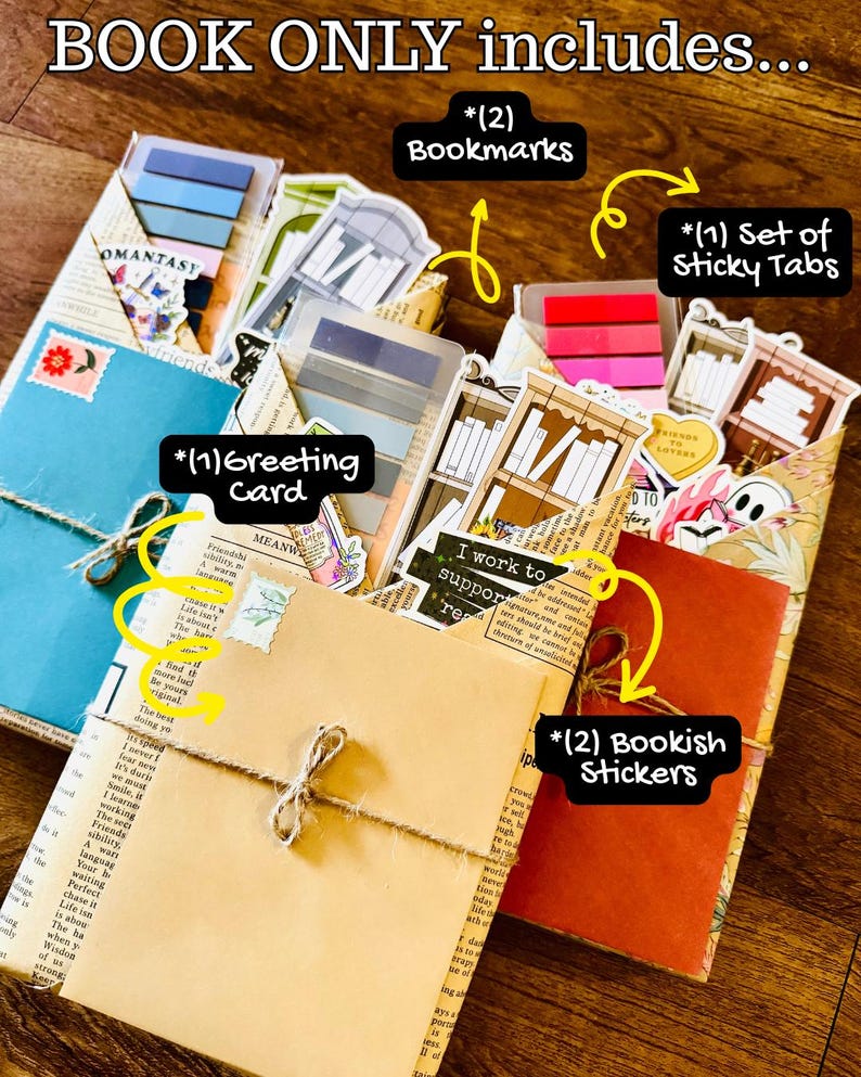 May include: A collection of stationery items, including bookmarks, sticky tabs, a greeting card, and bookish stickers. The items are bundled together with twine and presented on a wooden surface. The text "BOOK ONLY includes..." is visible.