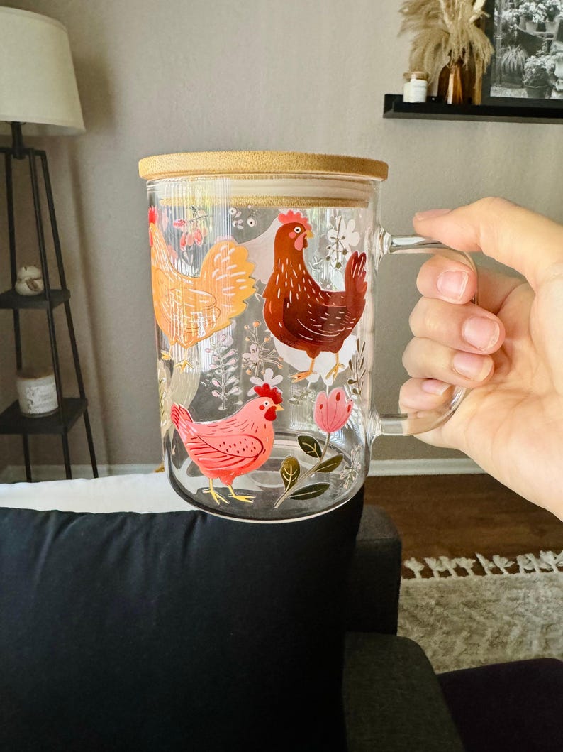 Chicken Glass Cup with Straw Lid Tumbler Farmhouse Kitchen Drinkware Gift Garden Lover Boho Fall Flower Cottagecore Mug Hen Design Farm imagem 8