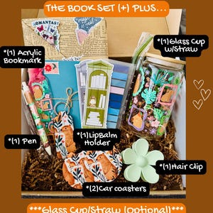 May include: A gift box includes an acrylic bookmark, pen, lip balm holder, car coasters, hair clip, and a glass cup with a straw. The box also contains a book set. The items have a woodland theme with illustrations of animals and floral designs.