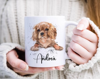 personalised Ruby Cavalier King Charles Spaniel with a grey/Silver splash back  design printed on white  11oz mug.