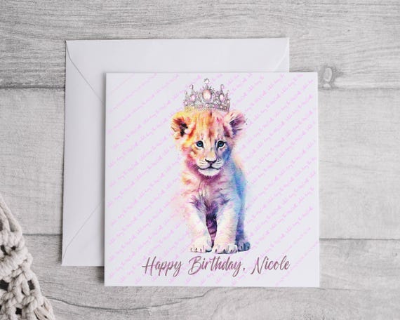 Personalised Rainbow Lion Cub with crown/Tiara design printed on a White 300gsm 6" x 6" (approx) Linen Card.  For her/him - Family