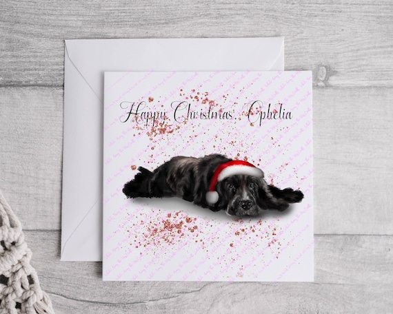 Personalised Black Cocker Spaniel with red glitter effect design printed on a 6" x 6" (approx) 300gsm White Linen Card. - Canine-Dog-Puppy