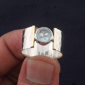 Blue Topaz Ring, 925 Sterling Silver Handmade Ring, Two Tone Ring Hammered Ring Wide Band Ring December Birthstone Anniversary Gift For Her.