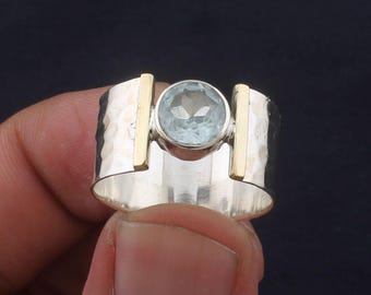 Blautopas Ring: Handgemachte Gehämmerte Sterling Silber Bandring