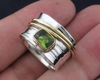 Peridot Spinner Ring: 925 Sterling Silver, Handmade Honey Bee Design