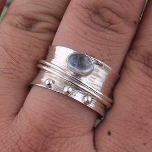 Aquamarine Sterling Silver Spinner Ring - Handmade Hammered Meditation Band