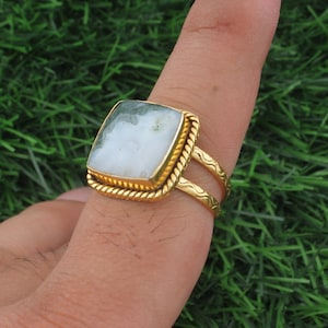 14k Gold Plated Moss Agate Ring - Nature Green Band Ring