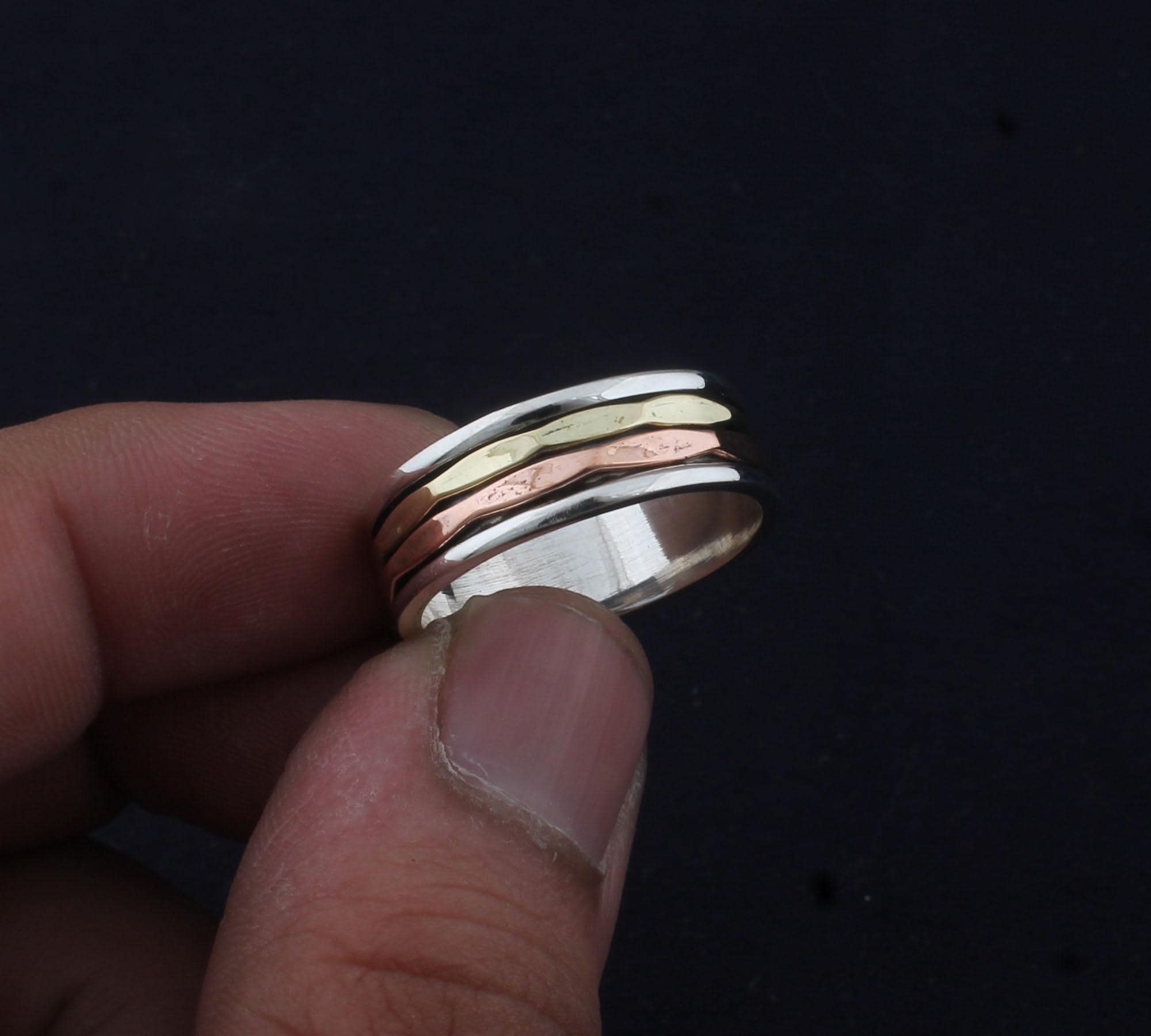 Handmade Sterling Silver Three-Tone Spinner Ring: Fidget Jewelry
