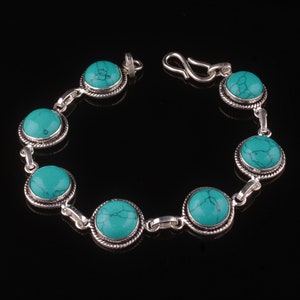 Tibetan Turquoise Bracelet: Round Gemstone, 925 Sterling Silver, Boho Jewelry