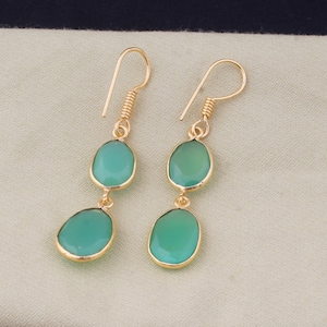 Chalcedony 14k Gold Plated For Women, Green Chalcedony Gemstone Earring For Her, Gold Plated Brass Earrings, Handmade Earrings Women Jewelry