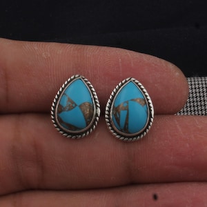 Handmade Turquoise Pear 925 Sterling Silver Stud Earrings
