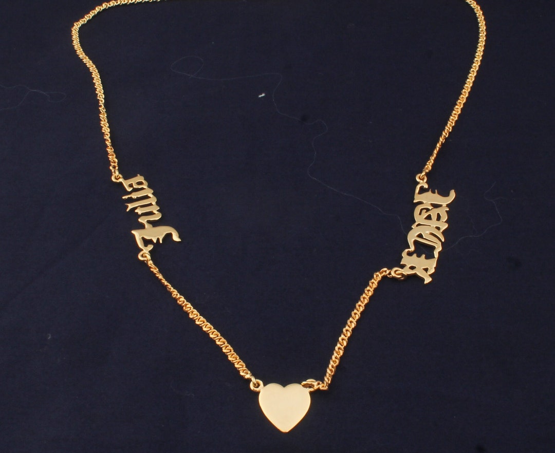 Two Name Necklace With Heart, Dainty Name Necklace, 14k Gold Plated