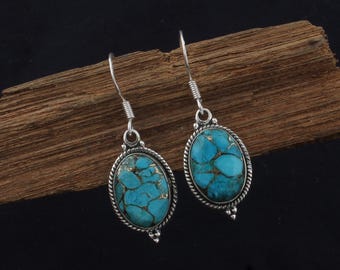 Handmade Oval Blue Copper Turquoise Earrings, 925 Sterling Silver