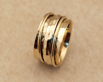 Bague spinner martelée à la main en plaqué or 14 carats pour homme, pouce, anneau toupie, bague de méditation, cadeau pour femme bohème, idée cadeau bijoux