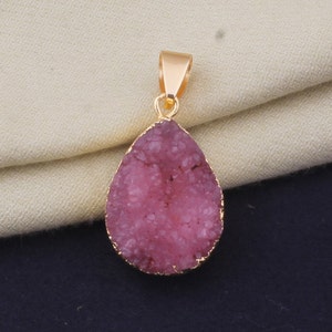 Raw Pink Druzy Gemstone Pendant, Electroplated Raw Pendant, Pear Shape Stone Crystal Necklace, Birthstone Gift Pendant, Raw Gemstone Pendant