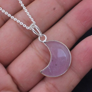 Handmade Sterling Silver Pink Jade Moon Pendant: Dainty Gemstone Jewelry