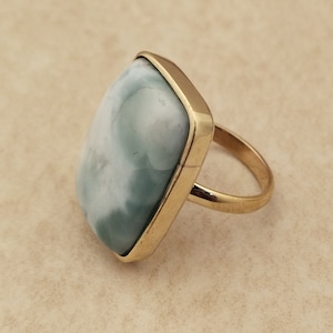 Handmade Larimar Gemstone Ring: 14k Gold Plated Brass Bohemian Statement Ring