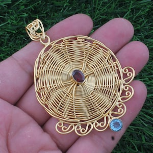 Blue Topaz & Red Garnet Pendant: 14K Gold Plated Weave Basket