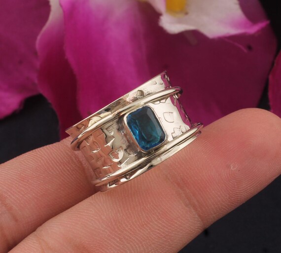 Blue Topaz Quartz Spinner Ring: 925 Sterling Silver Anxiety Fidget Ring