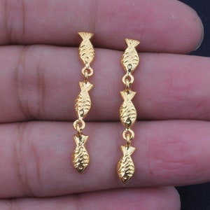 14k Gold Plated Long Earring, Swimming Fish Against The Current. School of Fish Earrings, Golden Fish  Ear ring Semi-Precious Gemstone