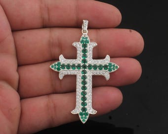 Silver Plated Cross Pendant: Emerald & Zircon Christian Necklace