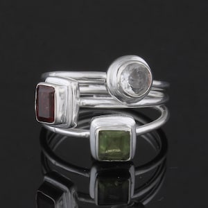 Sterling Silver Birthstones Ring: Personalized Triple Stone Ring