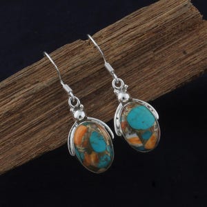 May include: A pair of silver earrings with a beetle design. Each earring has an oval stone with a turquoise, orange, and brown pattern. The earrings hang from a silver hook.