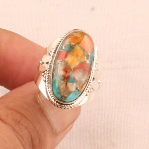 Natural Oyster Turquoise Gemstone Silver Band Ring Beautiful Handmade Hammered Ring 925 Sterling Solid Silver Band Ring For Men & Women
