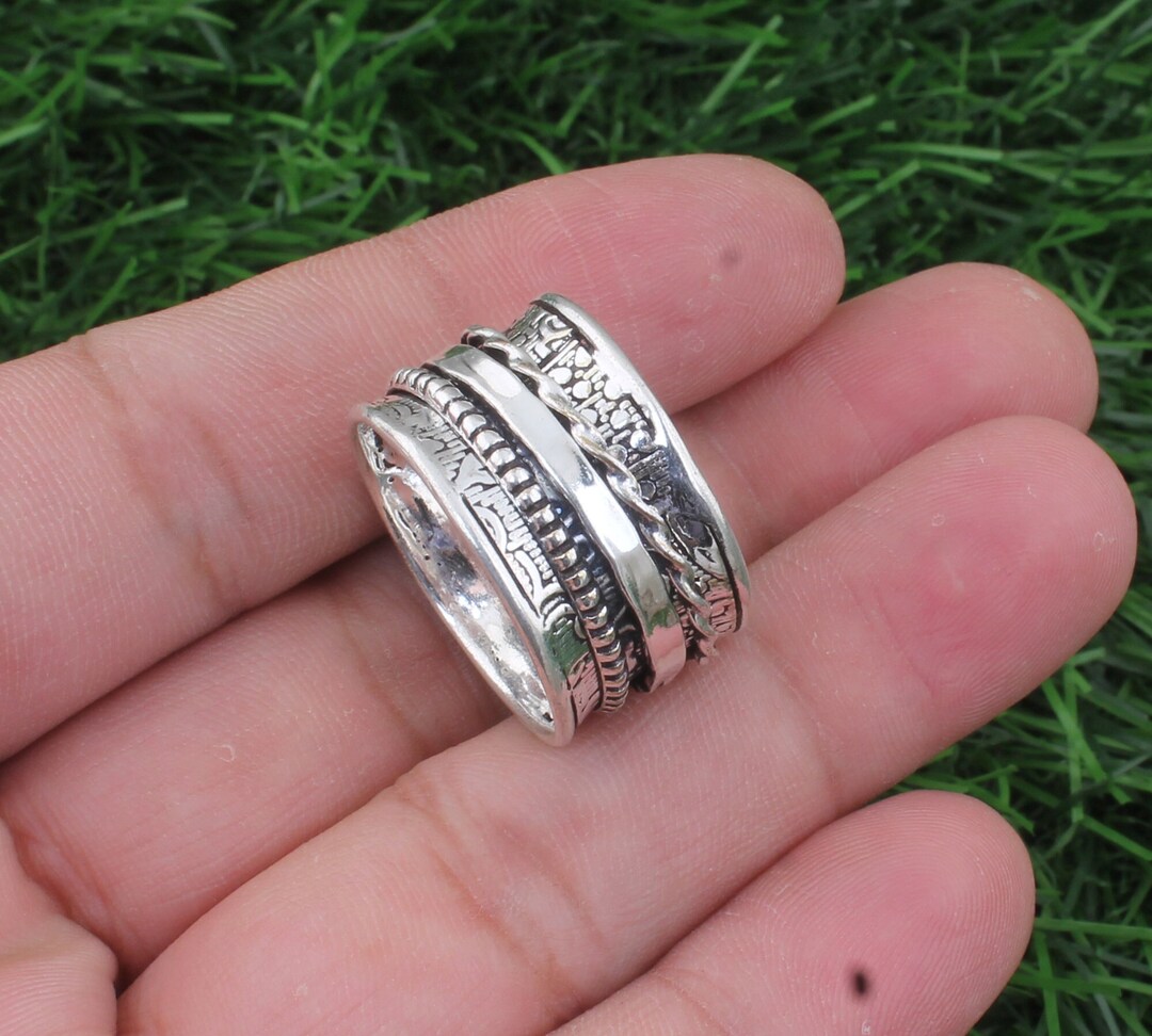 Boho Engraved Textured Fidget Band Solid 925 Sterling Silver Spinner ...