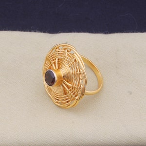Red Garnet Brass Ring: Handmade Weave Design, 14k Gold Plated