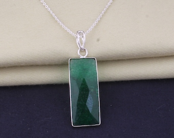 Handmade Green Jade Pendant: Sterling Silver Plated Brass Bar Necklace