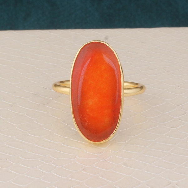 Orange Jade Gemstone Brass Ring, 14k Gold Plated Ring, Oval Gemstone Ring, Boho Ring, Handmade Jade Gemstone Women Ring Gift JB 14CYBER 2024