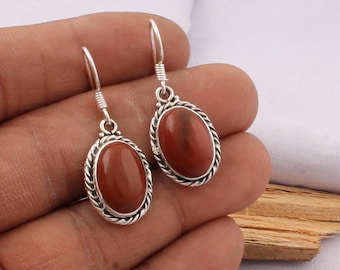 Red Jasper Earrings: Antique Silver Boho Gemstone Cabochons