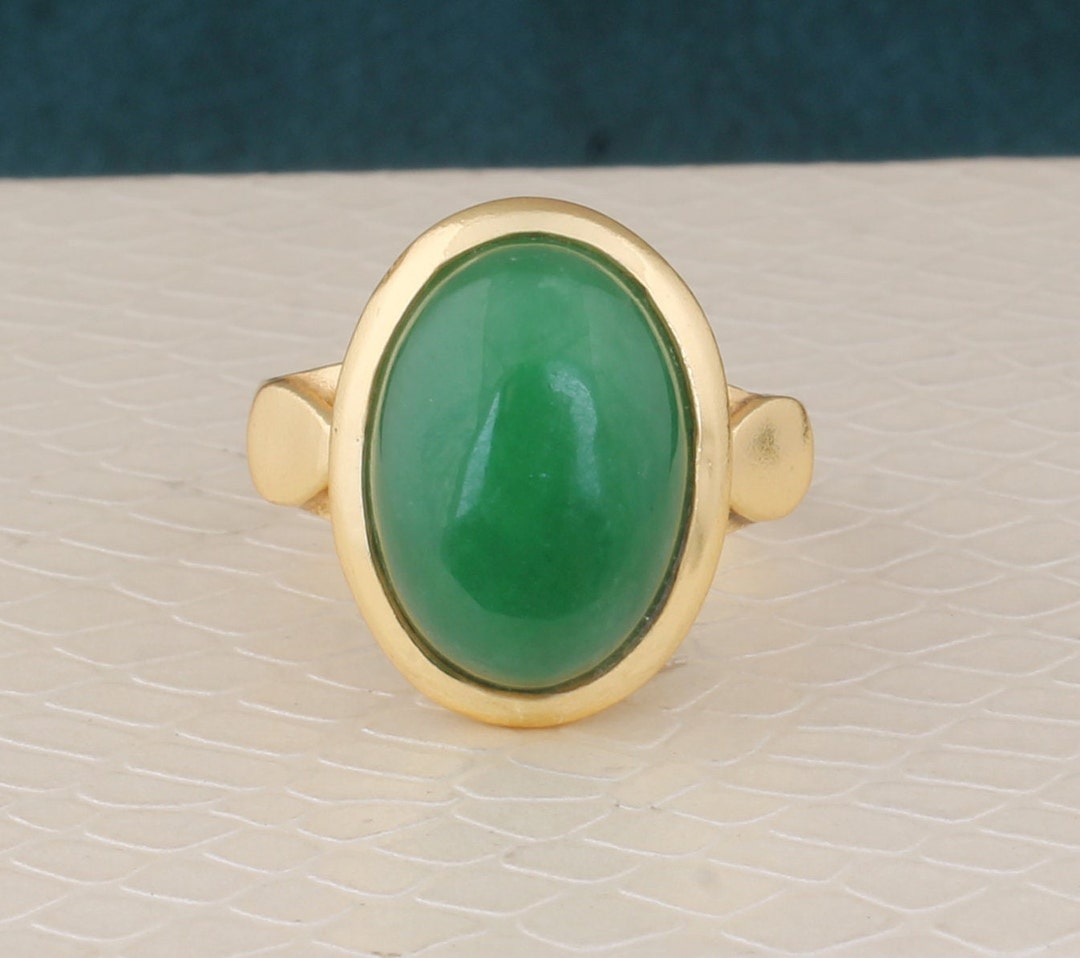 Green Jade Gemstone Brass Ring, 14k Gold Plated Ring, Oval Stone Ring ...
