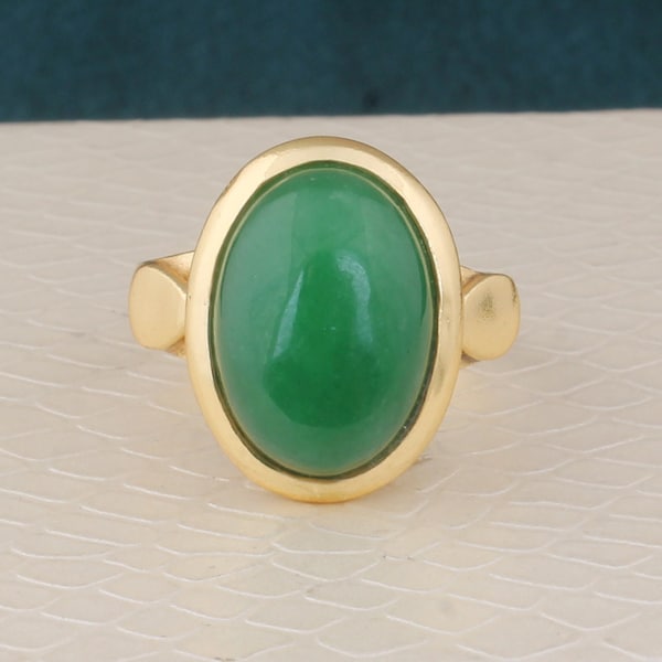 Green Jade Gemstone Brass Ring, 14k Gold Plated Ring, Oval Stone Ring, Boho Ring, Dainty Ring, Handmade Jade Gemstone Women Ring Gift JB 06