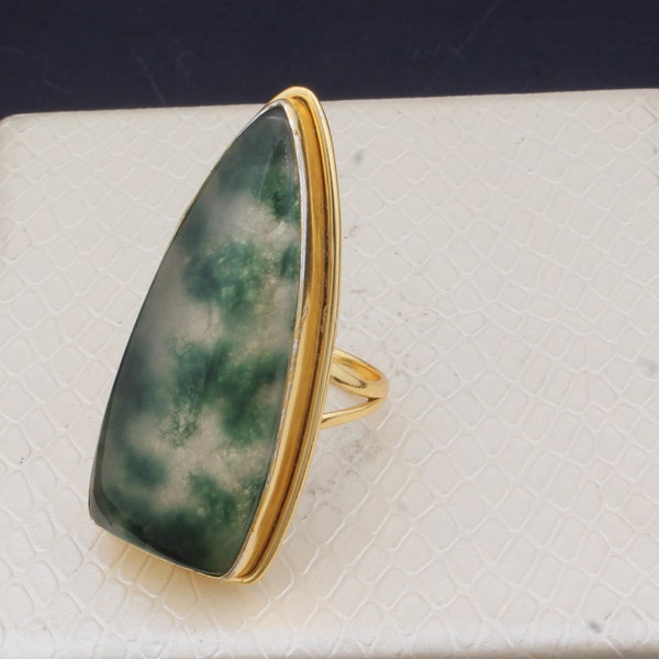 Moss Agate Gemstone Brass Ring, 14k Gold Plated Ring, Long Stone Ring, Boho Ring, Dainty Ring, Handmade Women Ring, Gift For WomenCYBER 2023