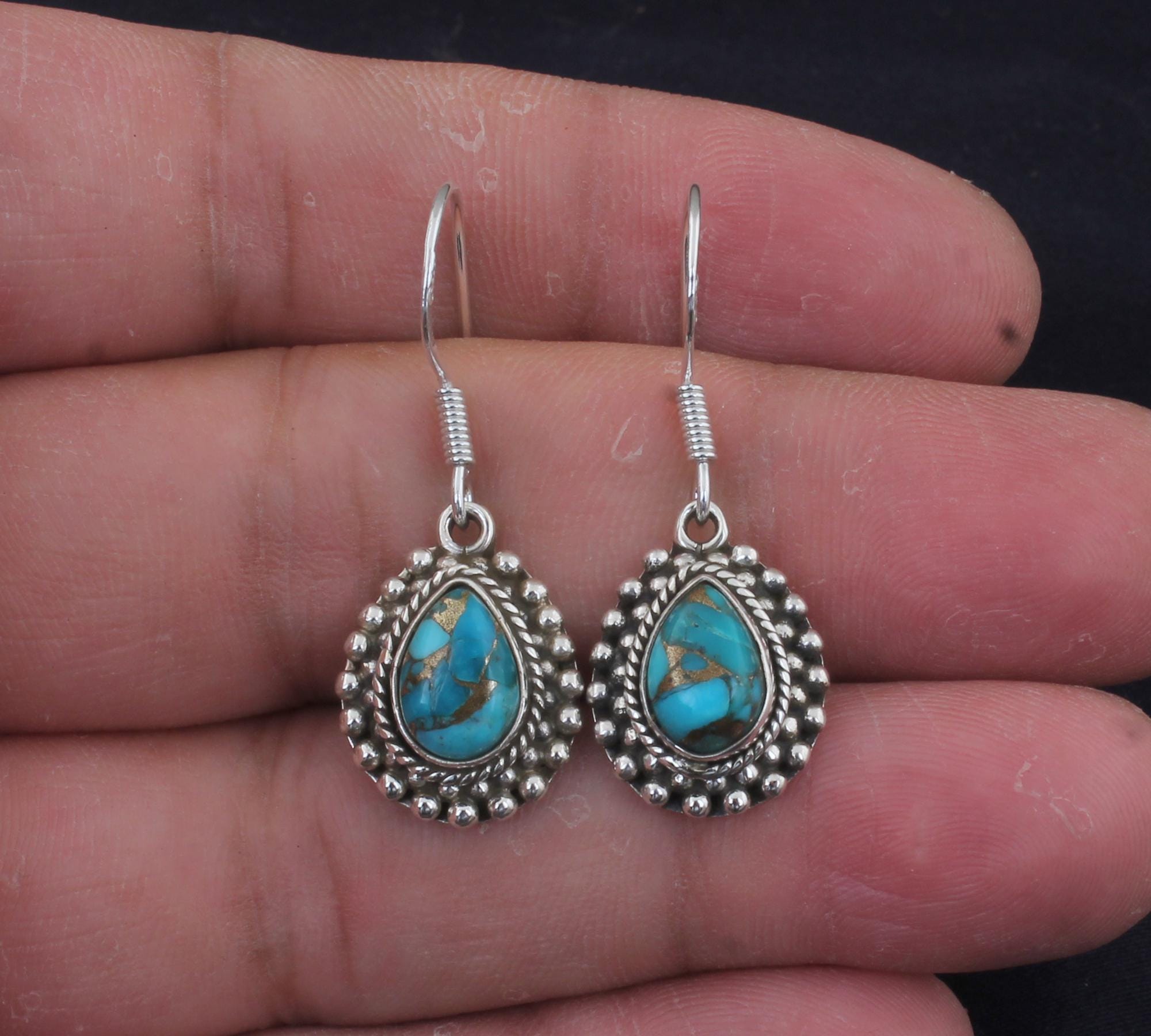 Turquoise Dangle Earrings: 925 Sterling Silver Boho Vintage Design