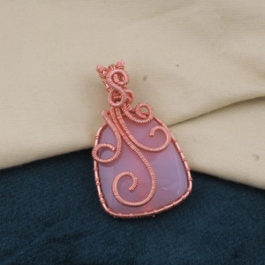 Copper Wire Wrapped Pink Chalcedony Wedding Necklace Pendant For Women, Handmade Cushion Gemstone Copper Pendant Gifts Idea For Her Jewelry