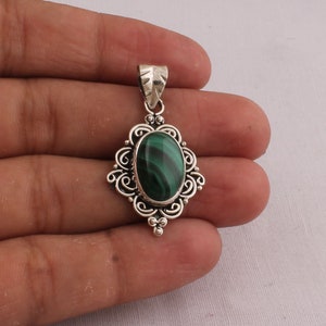 Malachite Gemstone Necklace, AAA+Quality, Sterling Silver, Antique, Green Stone, Pendant For Women, Authentic, Unique,Christmas gift