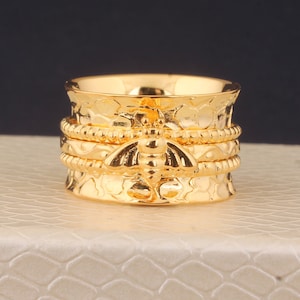 Anillo giratorio de abeja bañado en oro: anillo de meditación de latón hecho a mano