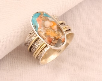 Anillo giratorio de cobre y turquesa Oyster: joyería de plata de ley y latón tallada a mano