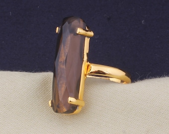 14k Gold Plated Ring: Long Smokey Quartz Gemstone Brass Ring