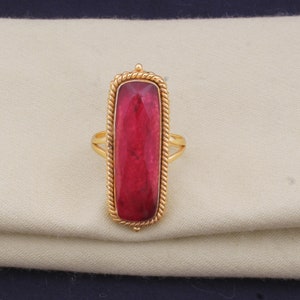 Ruby Jade Gemstone Brass Ring, 14k Gold Plated Ring, Long Stone Ring, Boho Ring, Dainty Ring, Handmade Ruby Stone Women Ring, Gift For Women
