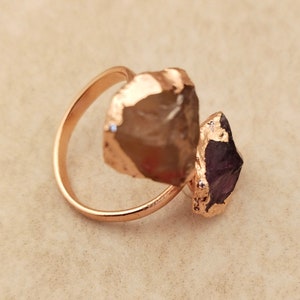 Raw Amethyst & Citrine Stone Ring, Electroplated Copper Adjustable Ring Birthstone Ring. Amethyst Ring, Raw Gemstone Jewelry For Women Gifts