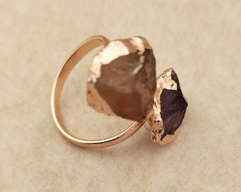 Raw Amethyst & Citrine Stone Ring: Electroplated Copper Adjustable Band